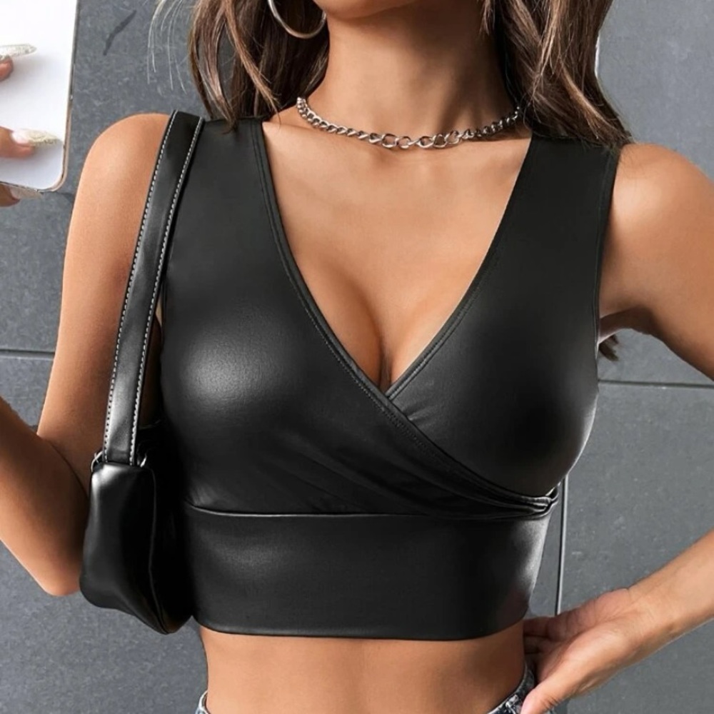 Sexy Black Faux Leather V Neck Crop Top